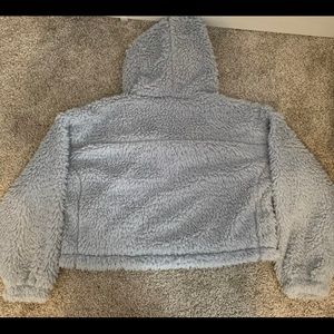 BDG Blue-Gray Cropped Sherpa Hoodie Faux Fur Teddy Jacket Coat- M
